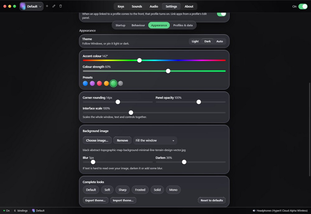 The appearance settings with a green accent