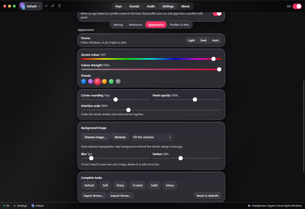 The appearance settings with a pink accent
