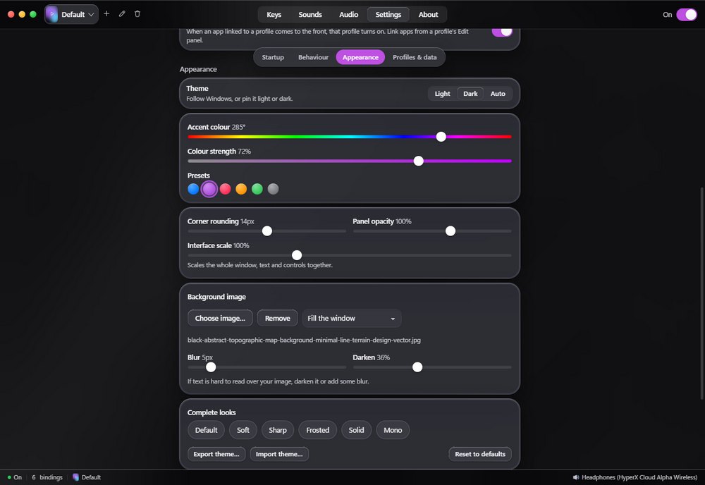 The appearance settings with a purple accent