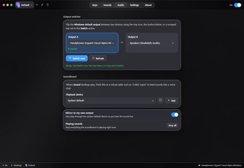 The audio tab, switching between speakers and headphones