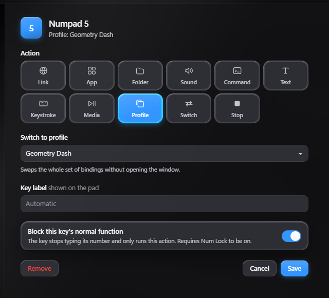 Choosing an action for a numpad key