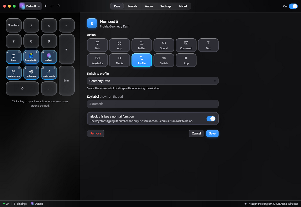 The NumpadBoard window: the numpad on the left, key settings on the right