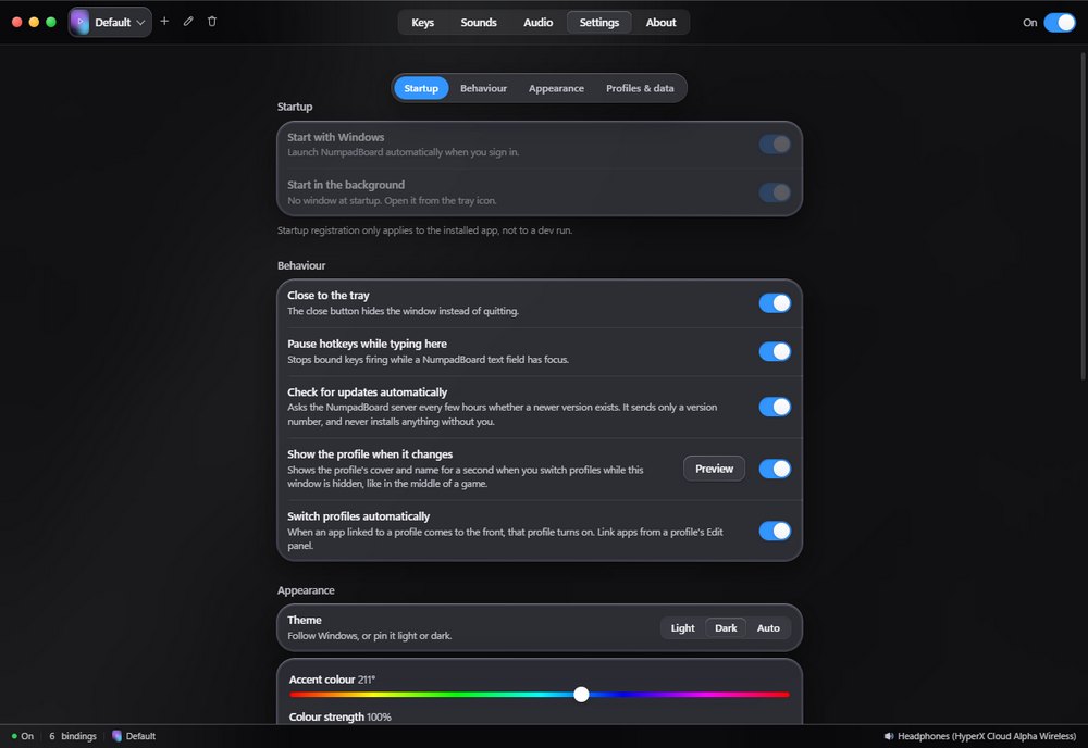 The settings tab